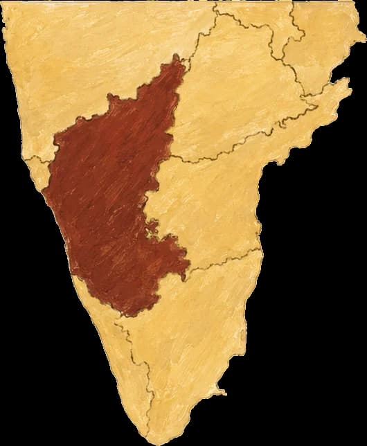 Hand-painted map of South India with Karnataka picked out in deep red