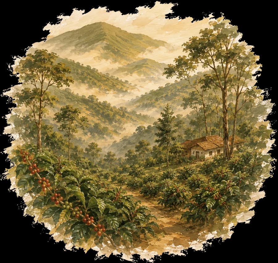 Hand-painted view of the Chikkamagaluru coffee hills and Fathima Estate
