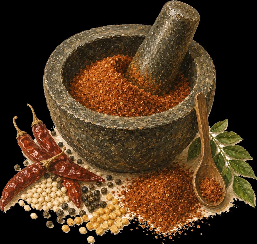 Hand-painted stone mortar with freshly ground podi and whole spices